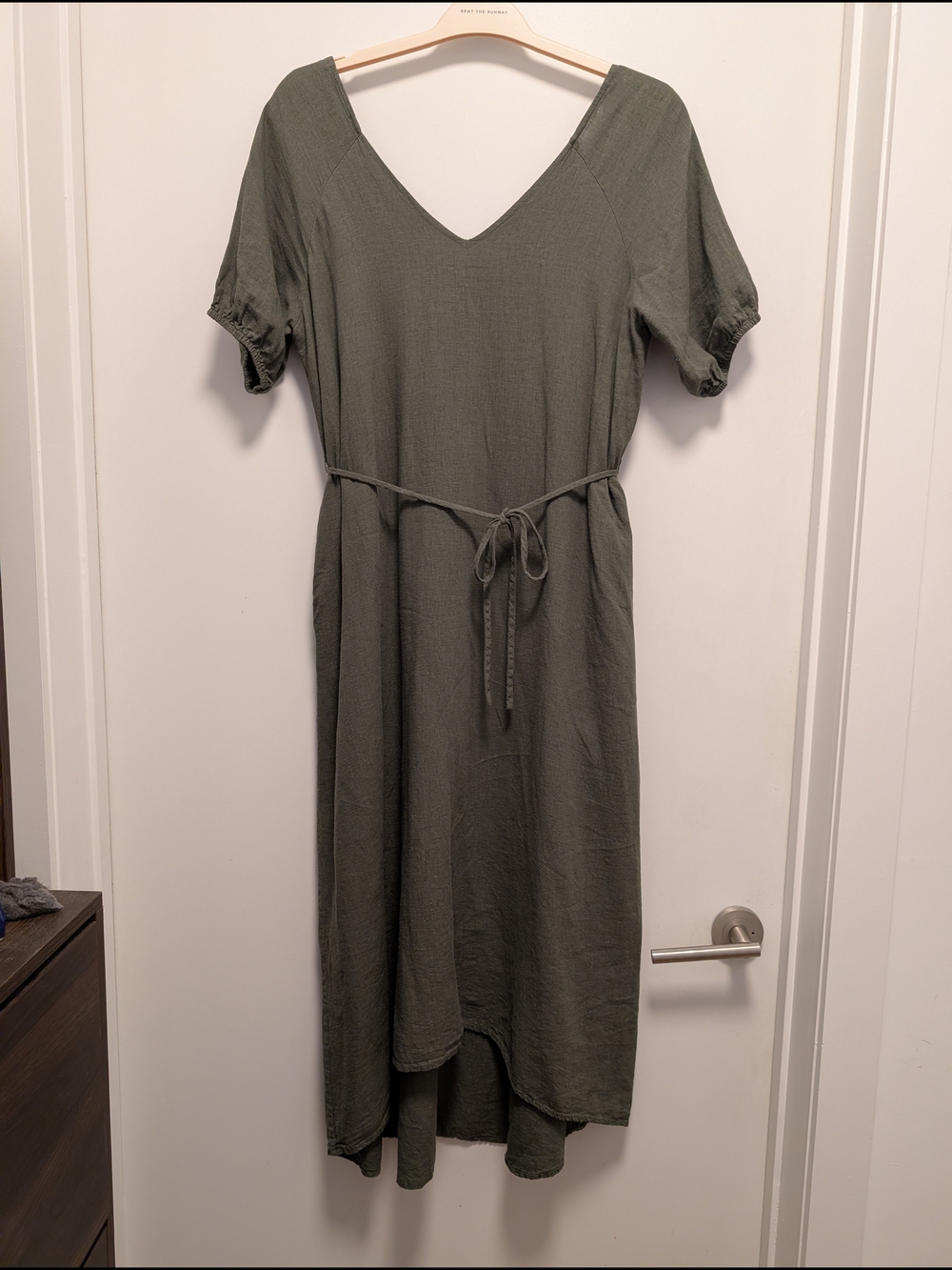 Olive Green V-Neck Tie-Waist Women's Dress